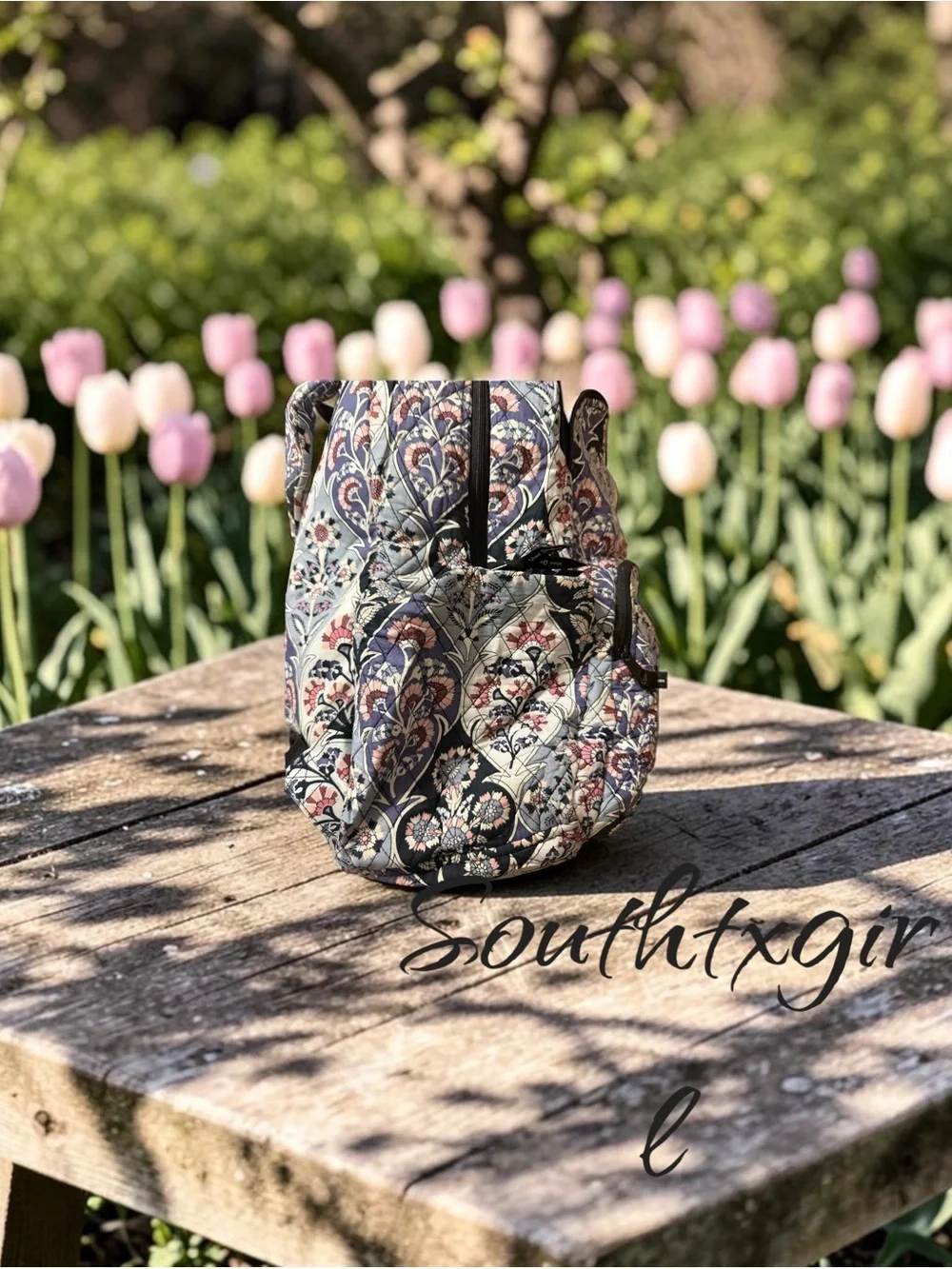 Quilted Floral Print Women’s Backpack - Navy & Cream
